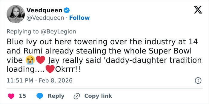 Tweet about Blue Ivy’s resemblance to mom sparking fan confusion during Super Bowl, highlighting genetics discussion.
