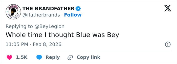 Screenshot of a Twitter reply about Blue Ivy's resemblance to her mom, highlighting fans confused by genetics at the Super Bowl.