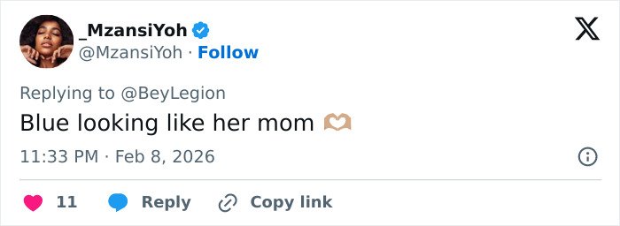 Tweet praising Blue Ivy's resemblance to her mom, highlighting genetics during Super Bowl fan reactions.