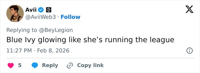 Social media post praising Blue Ivy's appearance, highlighting fan comments on her genetics and resemblance to her mom at Super Bowl.