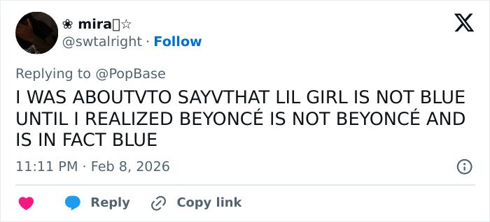 Screenshot of a social media post discussing Blue Ivy’s resemblance to her mom and fans’ reactions at the Super Bowl.