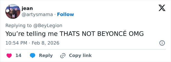 Tweet from a fan amazed by Blue Ivy's strong resemblance to her mom Beyoncé, sparking genetics discussions at the Super Bowl.