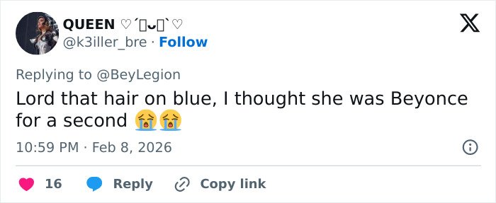 Tweet expressing surprise at Blue Ivy’s resemblance to her mom Beyoncé during the Super Bowl event.