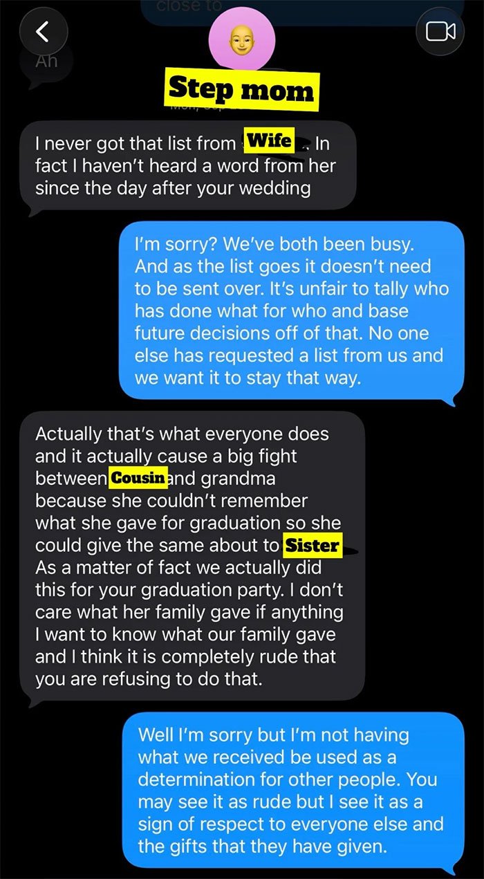 Text message conversation about family disputes and respect at a wedding with upset man forced to drink beer and leave early due to music.