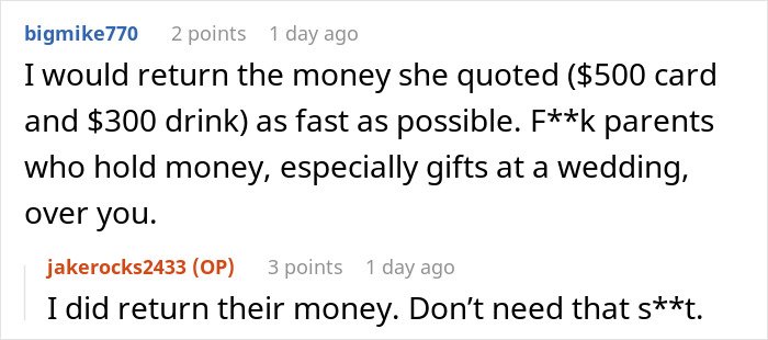 Reddit comments discussing a man upset as parents force him to have beer at his wedding and leave early due to music.