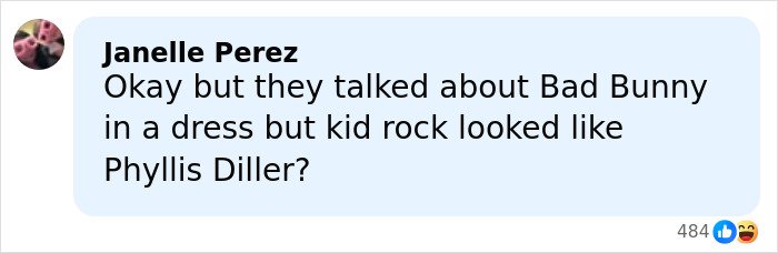 Social media comment discussing Kid Rock’s alternative Super Bowl show and the backlash it sparked online.