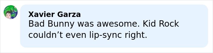 User comment highlighting Kid Rock’s performance issues in the alternative Super Bowl show by Turning Point USA causing backlash online.