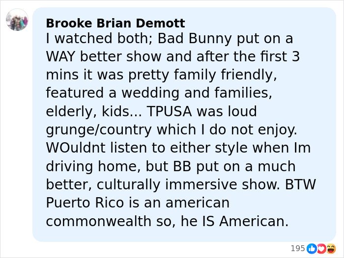 Comment discussing Kid Rock’s alternative Super Bowl show by Turning Point USA and the resulting backlash online.