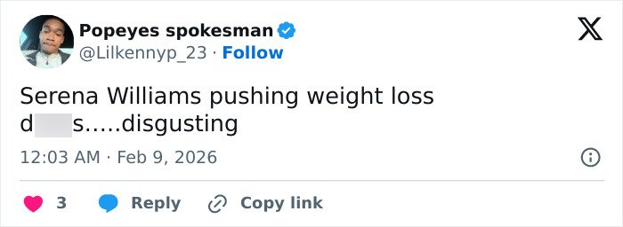 Screenshot of a tweet criticizing Serena Williams' Super Bowl ad and her controversial weight loss transformation.