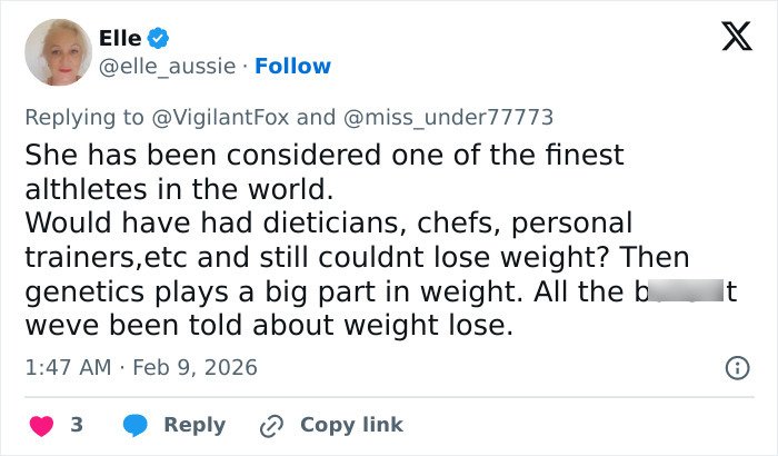 Tweet discussing Serena Williams’ controversial weight loss transformation and backlash over a Super Bowl ad.