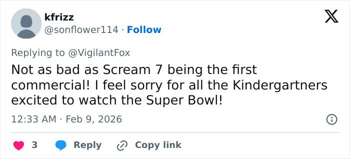 Tweet reacting to a Super Bowl ad, expressing concern over children's excitement amid controversy involving Serena Williams.