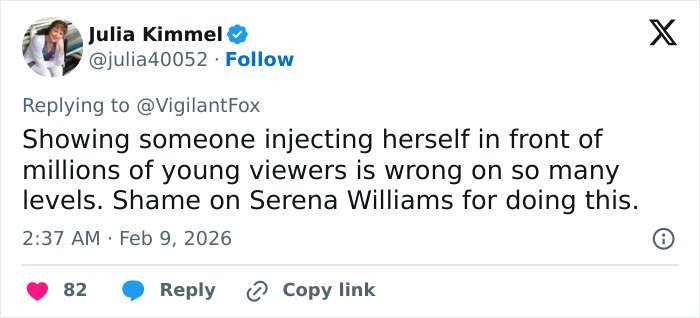 Tweet criticizing Serena Williams over a controversial Super Bowl ad related to her weight loss transformation.