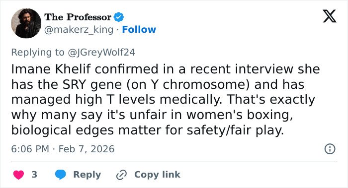 Tweet screenshot showing discussion on Imane Khelif admitting to having Y chromosome gene and implications for women’s boxing fairness.