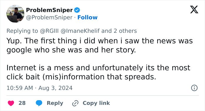 Twitter user reacting to Imane Khelif admitting to having Y chromosome gene amid years of controversy and online misinformation.