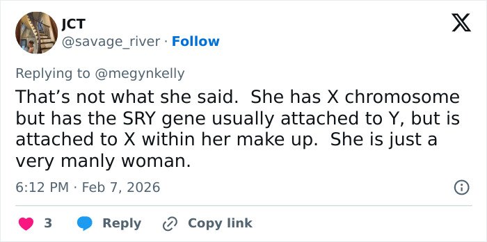 Tweet screenshot explaining Imane Khelif’s X chromosome with Y chromosome gene SRY, addressing years of controversy.