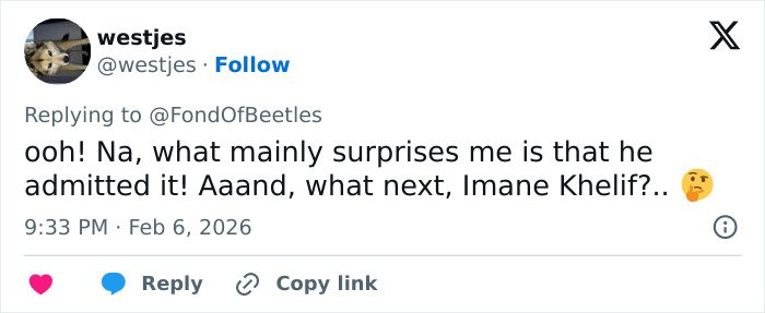 Tweet by user westjes reacting to Imane Khelif admitting to having Y chromosome gene after years of controversy.