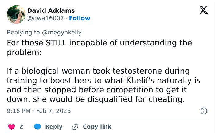 Tweet discussing Imane Khelif and controversy over having Y chromosome gene and testosterone use in training.