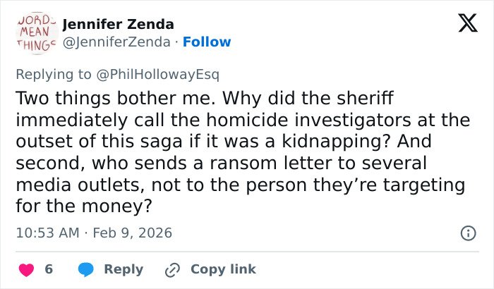 Tweet discussing FBI involvement and new insights on Nancy Guthrie's disappearance and investigation questions.