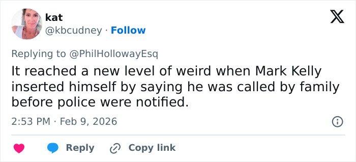 Tweet discussing new revelations about Nancy Guthrie disappearance involving family and police notification timing.