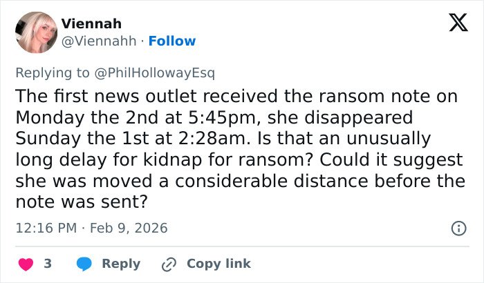 Screenshot of a tweet discussing the timing and ransom note details related to Nancy Guthrie's disappearance case.