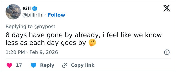 Tweet by user Bill expressing confusion about Nancy Guthrie's disappearance eight days after the event with a thinking face emoji.