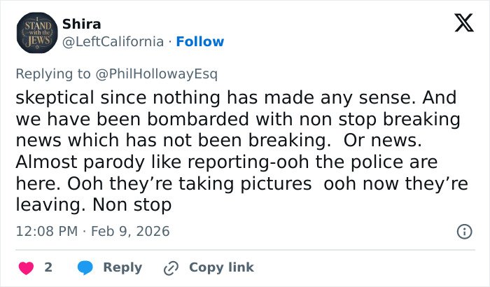 Tweet text expressing skepticism about nonstop breaking news coverage related to Nancy Guthrie's disappearance by FBI officials.