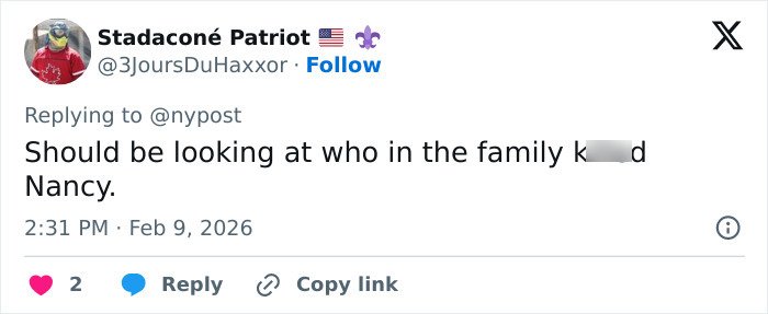 Tweet from Stadaconé Patriot questioning family involvement in Nancy Guthrie's disappearance amid FBI investigation updates.