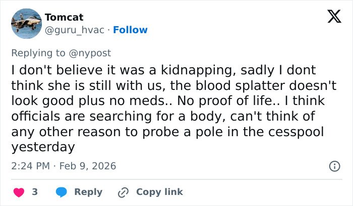 Tweet discussing doubts about Nancy Guthrie's disappearance and speculation on FBI officials searching for a body.