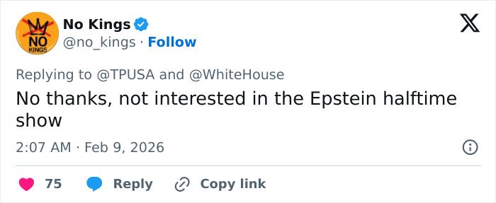 Tweet from No Kings account rejecting the Epstein halftime show linked to Turning Point USA’s alternate event.