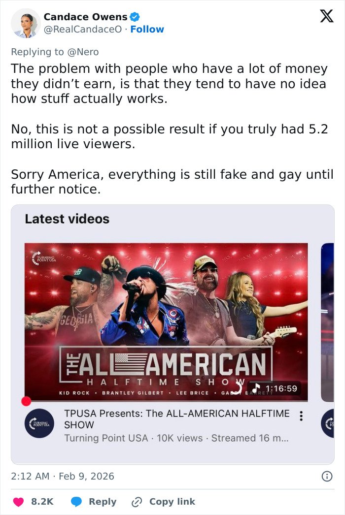 Tweet from Candace Owens criticizing Turning Point USA's alternate halftime show viewership with a promotional image of the event.