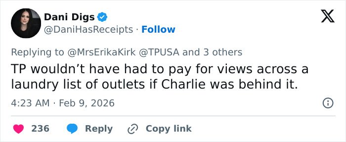 Tweet by Dani Digs replying to Erika Kirk about Turning Point USA’s alternate halftime show controversy.