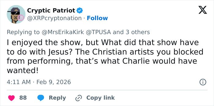 Tweet discussing Erika Kirk and Turning Point USA's alternate halftime show with comments on Christian artists blocked from performing.