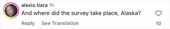 Comment on social media post by user alexis.tiara asking about the survey location, referencing generational views on the perfect man and woman.