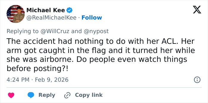 Tweet discussing Lindsey Vonn's Winter Olympics crash and the terrifying details behind her ICU stay after the accident.