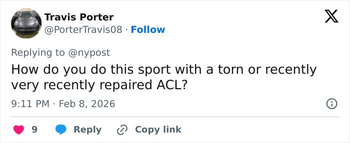 Screenshot of a tweet discussing challenges of playing sports with a torn or recently repaired ACL after Winter Olympics crash.