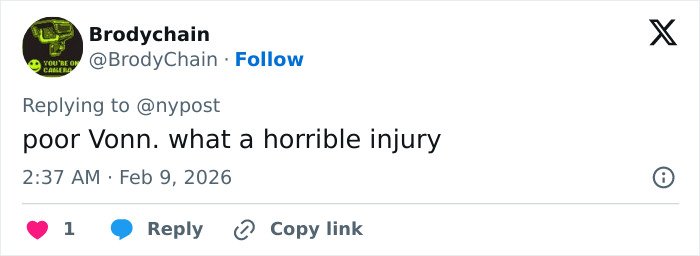 Tweet expressing sympathy for Lindsey Vonn’s injury after Winter Olympics crash and ICU stay details.