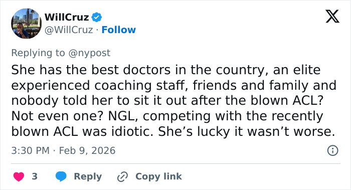 Twitter post discussing Lindsey Vonn’s ICU stay, mentioning doctors, coaching staff, and recovery after Winter Olympics crash.