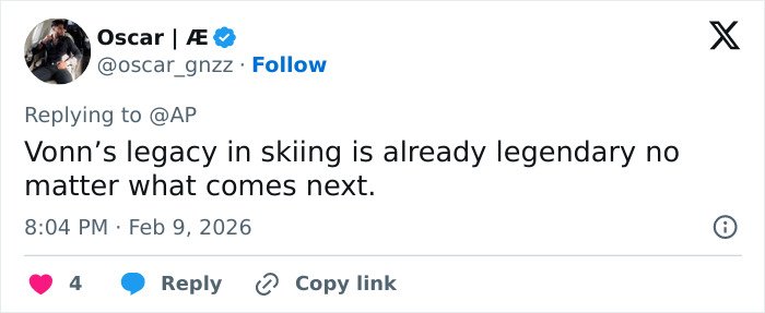 Screenshot of a tweet praising Lindsey Vonn’s skiing legacy after her ICU stay following a Winter Olympics crash.