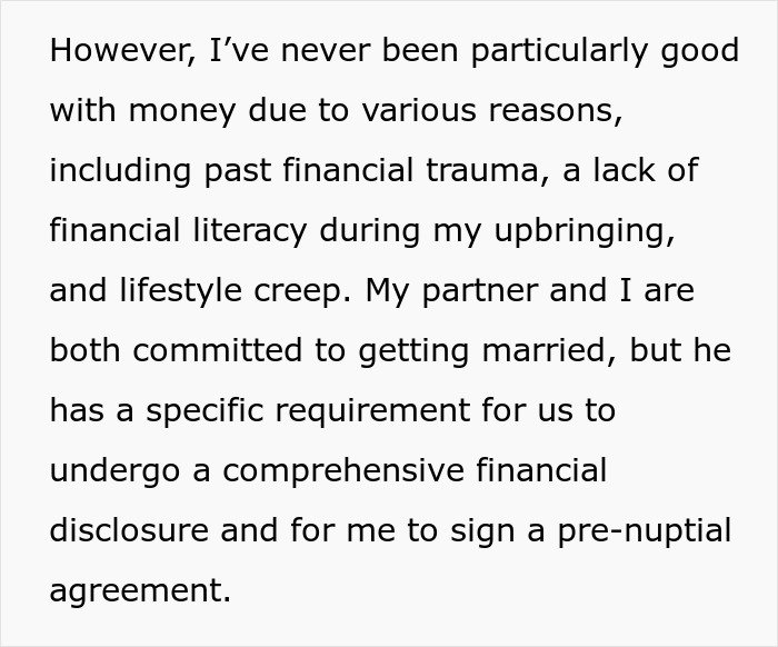 Text discussing financial struggles and a partner’s condition for marriage involving financial disclosure and a pre-nuptial agreement.