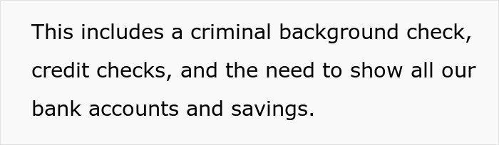 Text on a screen discussing criminal background checks, credit checks, and disclosing bank accounts and savings.