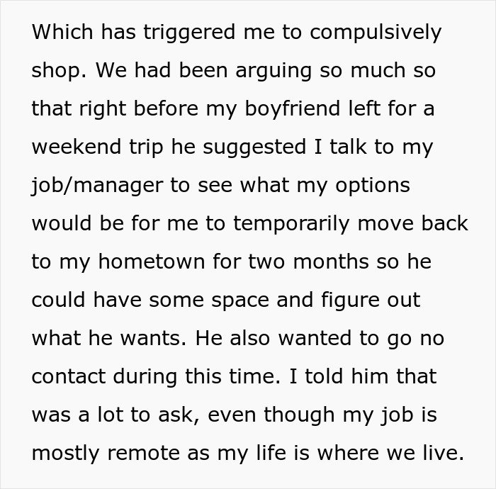 Text excerpt describing a couple’s dispute about finances, with the boyfriend suggesting a temporary move and no contact period.