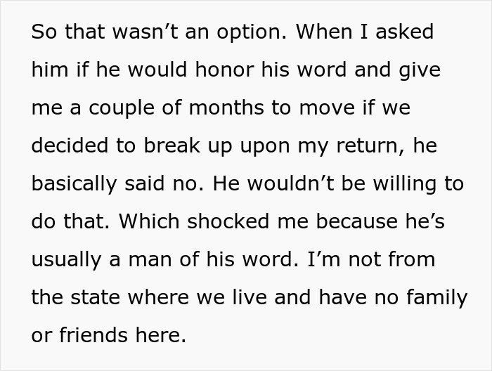Text excerpt discussing a boyfriend refusing extra time for his girlfriend to fix finances before deciding on their relationship.