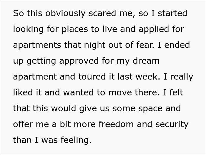 Text excerpt expressing fear and searching for an apartment, highlighting financial independence and personal freedom.