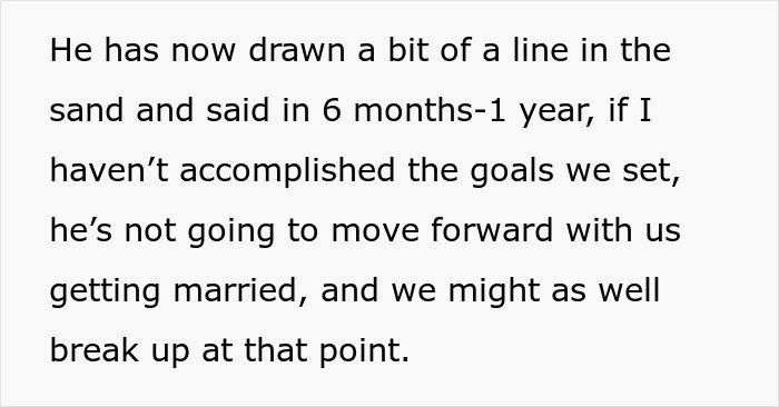 Text excerpt about boyfriend giving girlfriend up to a year to fix finances before deciding on marriage or breakup.