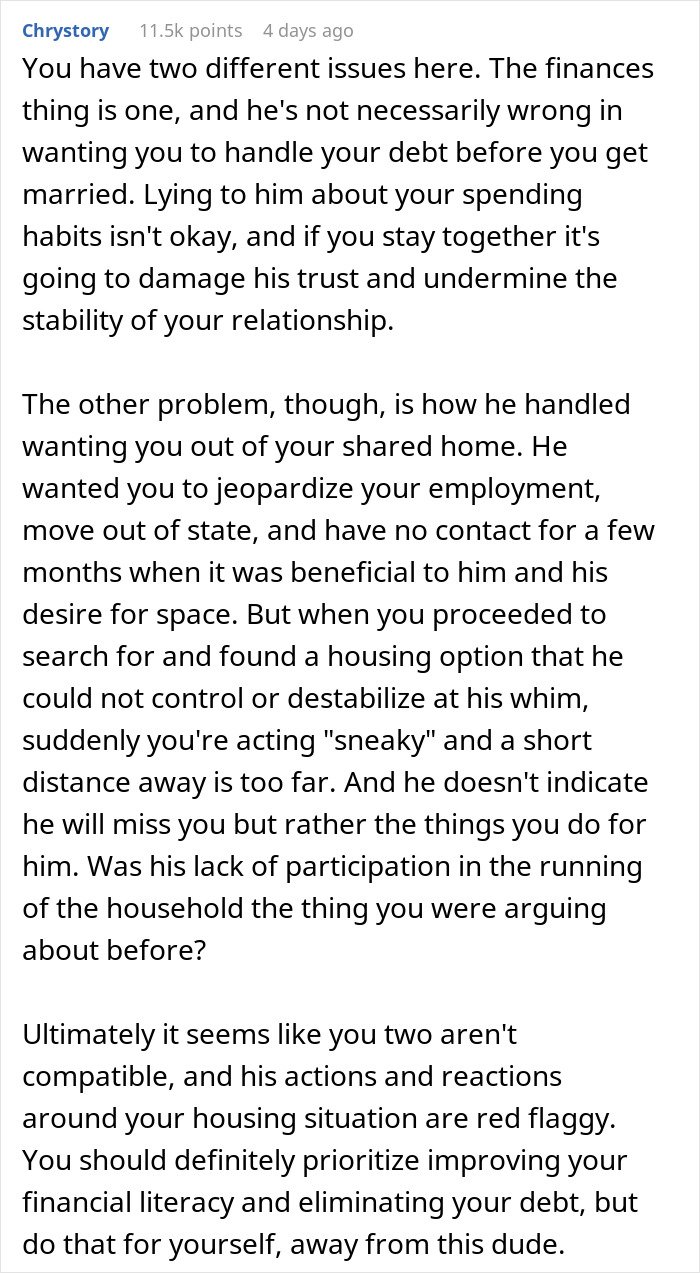 Comment discussing boyfriend giving girlfriend up to a year to fix finances before marriage and relationship issues.