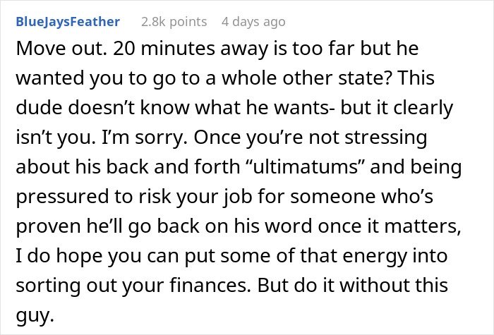 Comment warning about boyfriend giving girlfriend a year to fix finances before marriage, advising independence and financial focus.