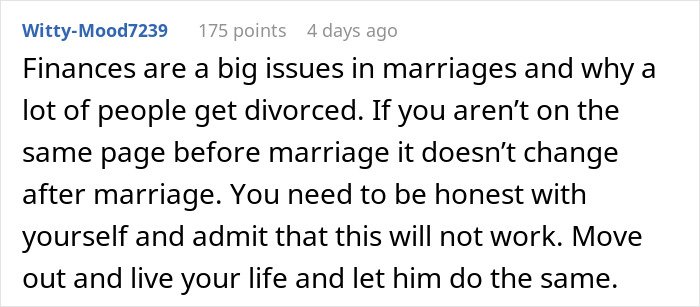 Comment about finances causing marriage issues and the importance of honesty before marriage for financial stability.