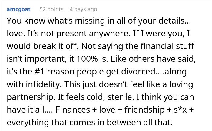Comment discussing relationship issues, emphasizing love missing and the impact of finances on partnerships and divorce.