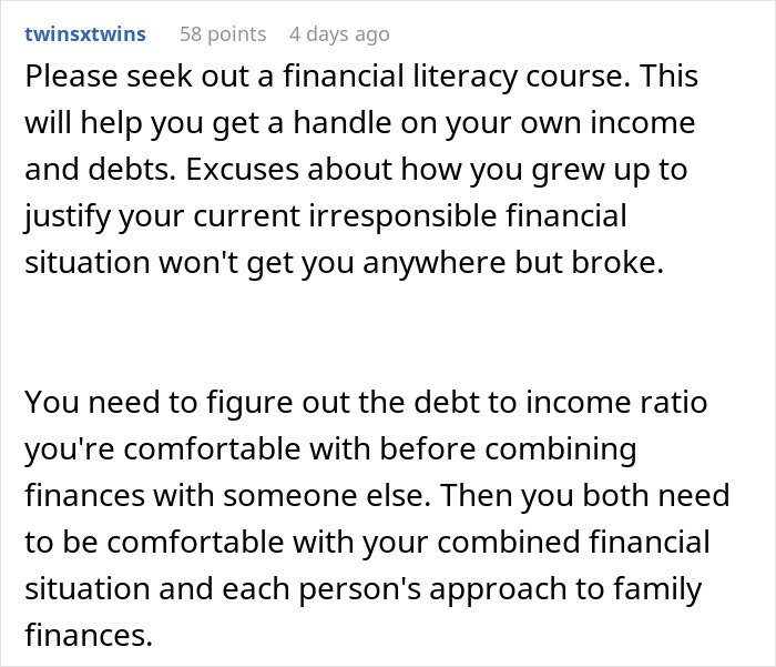 Reddit comment advising financial literacy and managing debt to income ratio before combining finances in a relationship.