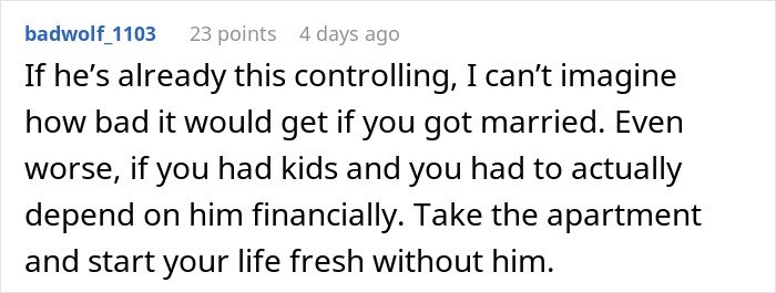 Screenshot of a comment discussing boyfriend giving girlfriend up to a year to fix finances before marriage concerns.